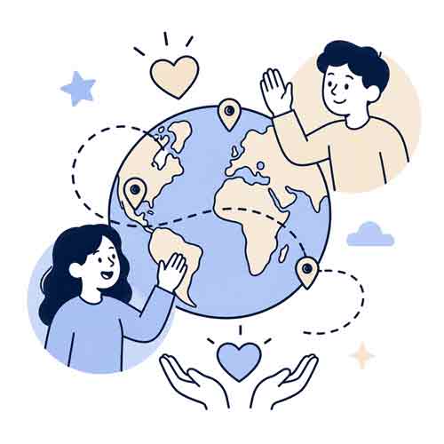 Two people connecting across a globe